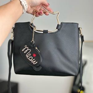 Crossbody black bag Leather Handbag Shoulder Cat